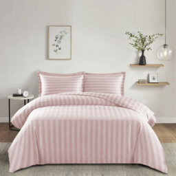 Ameha Peach Striped Microfibre Bedding Set Double, Reversible & Breathable Duvet Cover, Fitted Sheet & Pillowcases - thumbnail 8
