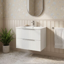 Balterley Tixall Fluted 2 Drawer Wall Hung Vanity Unit With Minimalist Basin, Satin White, 600mm - thumbnail 2
