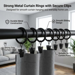 Homeelabador 30mm Metal Black Colour Curtain Pole Rod Rings With Clips Hanging Pack Of 50 - thumbnail 3