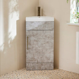 Homestylestore 450mm Concrete Grey Floorstanding Corner Bathroom Vanity Unit And Aged Gold T Bar Handle