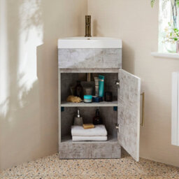 Homestylestore 450mm Concrete Grey Floorstanding Corner Bathroom Vanity Unit And Aged Gold T Bar Handle - thumbnail 2