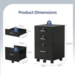 3 Drawer Filing Cabinet On Wheels Wooden Storage Cabinet With Lockable Black - thumbnail 2
