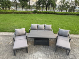 Fimous 6-Piece Aluminium Garden Furniture Sets 7 Seater With Adjustable Rising Lifting Dining Table 2 Chairs 2 Stools - thumbnail 1