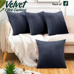 Ameha Charcoal Embossed Velvet Cushions Set, 18X18 Inch, Includes 4 Filled Cushions & 4 Covers, Breathable & Anti Allergic