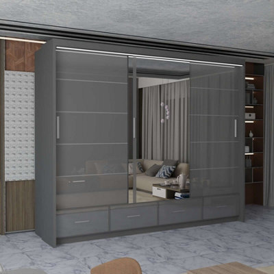 M N Furniture Ltd Wardrobe With Led Light Modern 2 Or 3 Sliding Doors-Mirrored Bedroom Cabinet With Drawers (Grey,255Cm) - image 1