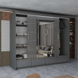 M N Furniture Ltd Wardrobe With Led Light Modern 2 Or 3 Sliding Doors-Mirrored Bedroom Cabinet With Drawers (Grey,255Cm) - thumbnail 4