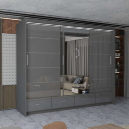M N Furniture Ltd Wardrobe With Led Light Modern 2 Or 3 Sliding Doors-Mirrored Bedroom Cabinet With Drawers (Grey,255Cm)