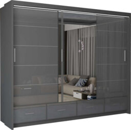 M N Furniture Ltd Wardrobe With Led Light Modern 2 Or 3 Sliding Doors-Mirrored Bedroom Cabinet With Drawers (Grey,255Cm) - thumbnail 2