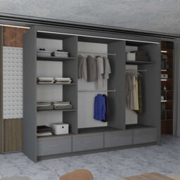 M N Furniture Ltd Wardrobe With Led Light Modern 2 Or 3 Sliding Doors-Mirrored Bedroom Cabinet With Drawers (Grey,255Cm) - thumbnail 3