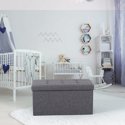 IHIDirect Large Ottoman Foldaway Storage Blanket Toy Box Bench Twill Linen With Buttons 76X38Cm Grey - image 1