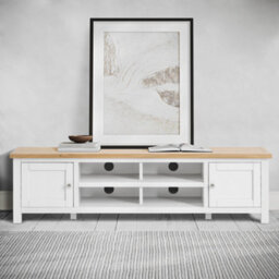Farro White 180Cm Extra Large Tv Unit - Fully Assembled - Painted With Oak Top By Roseland Furniture - thumbnail 2