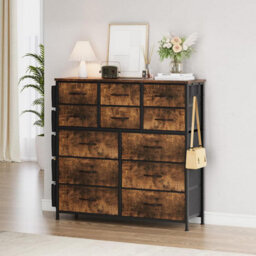 London Boutique Brown 12 Drawer Chest Of Drawers, Fabric Dresser With Side Pockets And Hooks, Bedroom Storage Unit, 99X30X110Cm - thumbnail 7