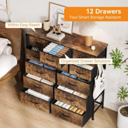 London Boutique Brown 12 Drawer Chest Of Drawers, Fabric Dresser With Side Pockets And Hooks, Bedroom Storage Unit, 99X30X110Cm - thumbnail 6