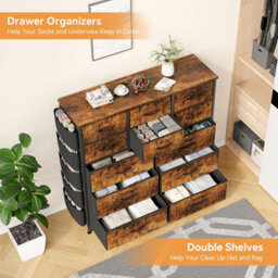 London Boutique Brown 12 Drawer Chest Of Drawers, Fabric Dresser With Side Pockets And Hooks, Bedroom Storage Unit, 99X30X110Cm - thumbnail 5
