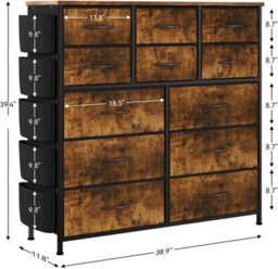 London Boutique Brown 12 Drawer Chest Of Drawers, Fabric Dresser With Side Pockets And Hooks, Bedroom Storage Unit, 99X30X110Cm - thumbnail 2