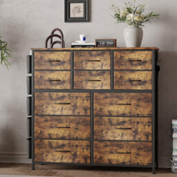 London Boutique Brown 12 Drawer Chest Of Drawers, Fabric Dresser With Side Pockets And Hooks, Bedroom Storage Unit, 99X30X110Cm