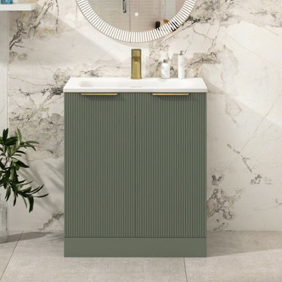 Royal Bathrooms Evora 700mm Sage Green Fluted Floor Standing Bathroom Vanity Unit 2 Door Cabinet Storage With Stone Basin & Brushed Brass Handles - image 1
