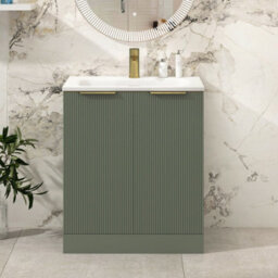 Royal Bathrooms Evora 700mm Sage Green Fluted Floor Standing Bathroom Vanity Unit 2 Door Cabinet Storage With Stone Basin & Brushed Brass Handles