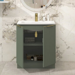 Royal Bathrooms Evora 700mm Sage Green Fluted Floor Standing Bathroom Vanity Unit 2 Door Cabinet Storage With Stone Basin & Brushed Brass Handles - thumbnail 3