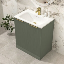 Royal Bathrooms Evora 700mm Sage Green Fluted Floor Standing Bathroom Vanity Unit 2 Door Cabinet Storage With Stone Basin & Brushed Brass Handles - thumbnail 4