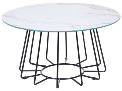 Beliani Glamorous Home Marble-Effect Coffee Table White 80Cm, Tempered Glass Top Metal Base - image 1