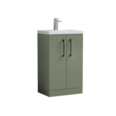 Balterley Bramshall Compact Bathroom Cloakroom Vanity Basin Unit With Polymarble Basin, Black Handles, 500mm, Satin Green - image 1