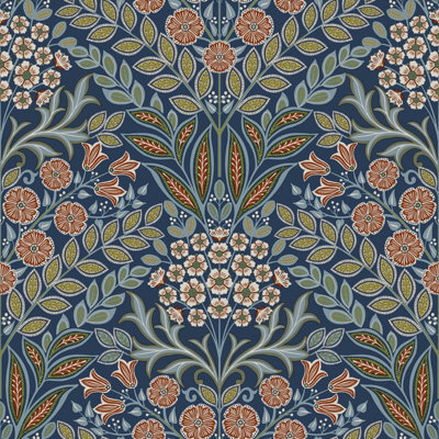 Grandeco Belevedere Arts And Crafts Floral Damask, Navy - image 1