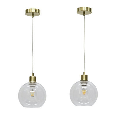 First Choice Lighting Set Of 2 Barnum - Clear Glass Globe With Satin Brass Pendant Fittings - image 1