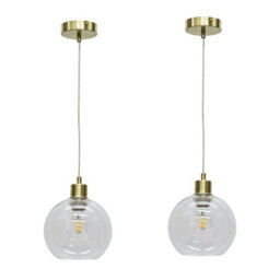First Choice Lighting Set Of 2 Barnum - Clear Glass Globe With Satin Brass Pendant Fittings