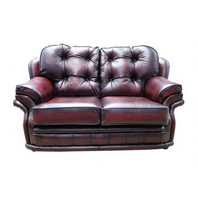 Chesterfield 2 Seater Antique Oxblood Red Leather Sofa In Knightsbridge Style - image 1