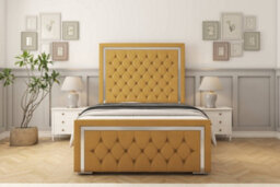 "Sloomy Sofia Chrome Mustard Plush Bed Frame With Mattress With 50"" Upholstered Headboard 4'6 Double" - thumbnail 1