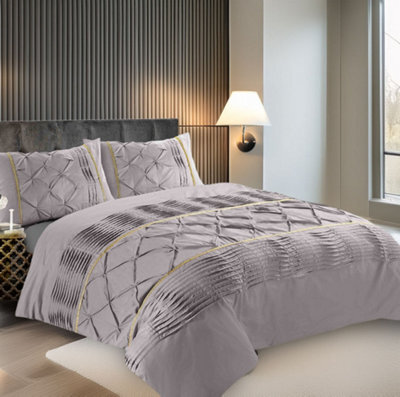 Duvet Cover And Pillowcase Set Pintuck Pleated Design Polycotton Linen Silver - image 1