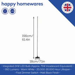 Happy Homewares Modern Sleek Stick Style Led Standard Floor Lamp In Matt Black With Foot Dimmer - thumbnail 5