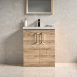 Balterley Bramshall Contemporary Bathroom Floor Standing 2-Door Vanity & Basin, Bleached Oak, 600mm - thumbnail 2
