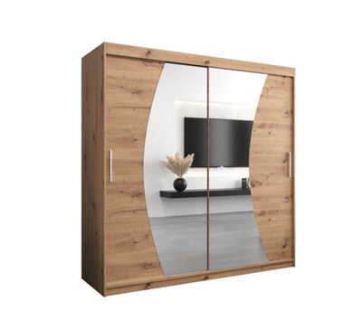 Arte Wave Contemporary 2 Mirrored Sliding Door Wardrobe 9 Shelves 2 Rails Oak Artisan Effect (H)2000mm (W)2000mm (D)620mm - image 1