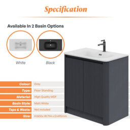 Plum&clay Isla Ribbed Fluted Grey Freestanding Bathroom Vanity Unit & White Basin Set (W)800mm - thumbnail 5