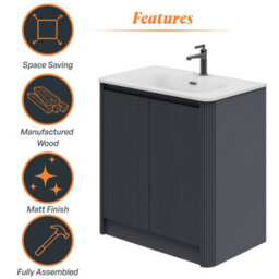 Plum&clay Isla Ribbed Fluted Grey Freestanding Bathroom Vanity Unit & White Basin Set (W)800mm - thumbnail 6