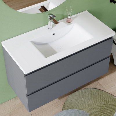 AVER-GROWTH 1000mm Vanity Unit With Basin High Gloss Grey Ceramic Sink Wall Hung Bathroom Storage Cabinet Soft Close Hinges 2 Drawers - image 1