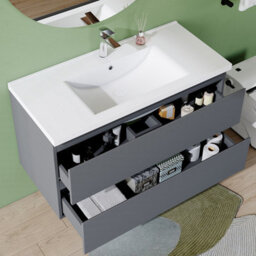 AVER-GROWTH 1000mm Vanity Unit With Basin High Gloss Grey Ceramic Sink Wall Hung Bathroom Storage Cabinet Soft Close Hinges 2 Drawers - thumbnail 3