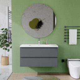 AVER-GROWTH 1000mm Vanity Unit With Basin High Gloss Grey Ceramic Sink Wall Hung Bathroom Storage Cabinet Soft Close Hinges 2 Drawers - thumbnail 4