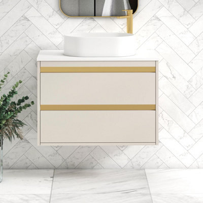 Royal Bathrooms Orion 800mm Warm Taupe Wall Hung Plain White Countertop Vanity Unit 2 Drawer With Peak Basin & Brushed Brass Accent Trim - image 1