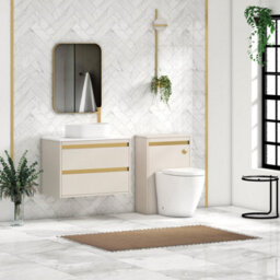 Royal Bathrooms Orion 800mm Warm Taupe Wall Hung Plain White Countertop Vanity Unit 2 Drawer With Peak Basin & Brushed Brass Accent Trim - thumbnail 3