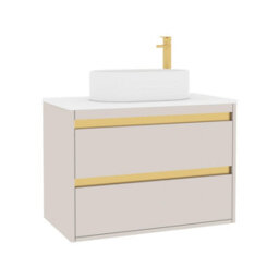 Royal Bathrooms Orion 800mm Warm Taupe Wall Hung Plain White Countertop Vanity Unit 2 Drawer With Peak Basin & Brushed Brass Accent Trim - thumbnail 6