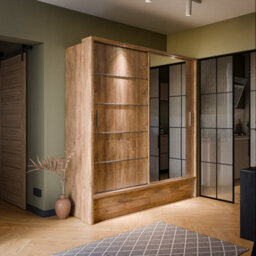 Arte Lux V - Oak Sterling Sliding Door Mirrored Wardrobe With Shelves And Drawers (H2150mm W2000mm D600mm) - thumbnail 1