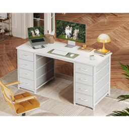 Modern Office Desk With 8 Fabric Drawers, White - thumbnail 3