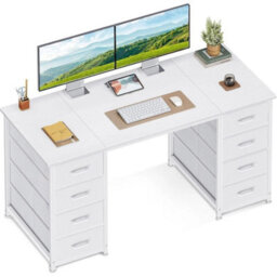 Modern Office Desk With 8 Fabric Drawers, White - thumbnail 1