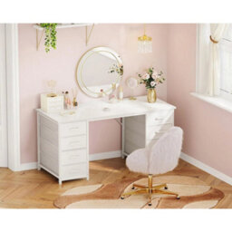 Modern Office Desk With 8 Fabric Drawers, White - thumbnail 5