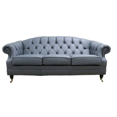 Chesterfield Handmade 3 Seater Sofa Settee Shelly Piping Grey Leather In Victoria Style - image 1