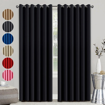 Ameha Plain Thermal Thick Blackout Curtains Ready Made Eyelet Ring Top Black Curtain Pair 90''x90'' With Tiebacks Home Decor Uk - image 1