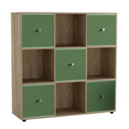 Urbn-Living 9 Cube Oak Wooden Bookcase Shelving Unit With 5 Collapsible Fabric Drawers Pastel Green